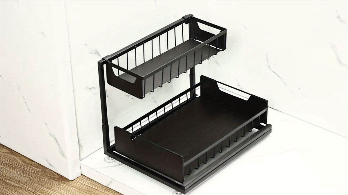 Two-Tier Sliding Under Sink Organizer for Kitchen and Bathroom Cabinets, Metal Pull-Out Storage Rack in Black, White or Gray with Single and Two-Pack Options