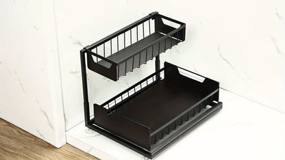 Two-Tier Sliding Under Sink Organizer for Kitchen and Bathroom Cabinets, Metal Pull-Out Storage Rack in Black, White or Gray with Single and Two-Pack Options