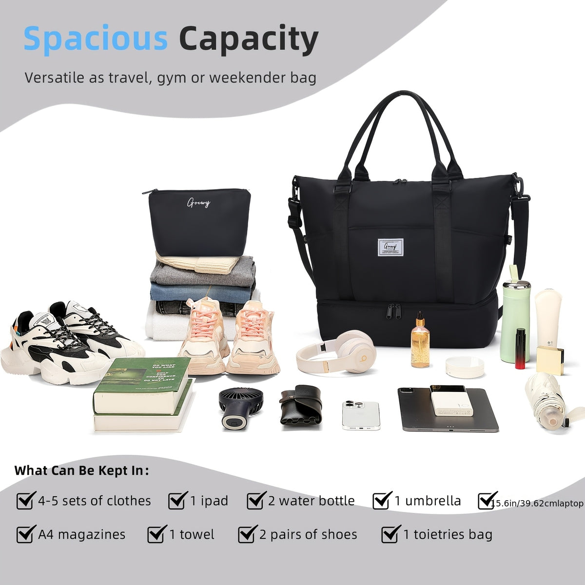 Women's Travel Duffel and Toiletry Bag Set with Nine Pockets, Shoe Compartment, Wet Pocket and Luggage Sleeve for Gym and Weekend Trips