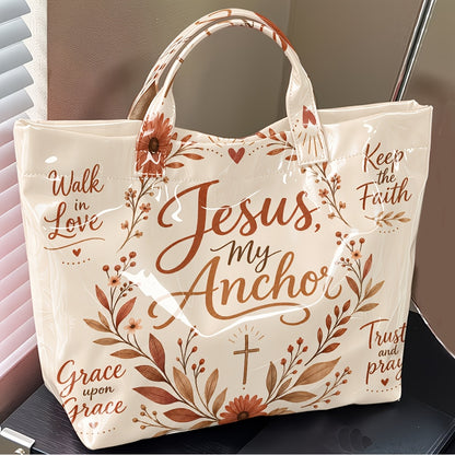 Christian Tote Bag with Floral and Cross Design, Faith-Inspired Glossy Shoulder and Top Handle Handbag for Church, Casual Outings and Everyday Carry