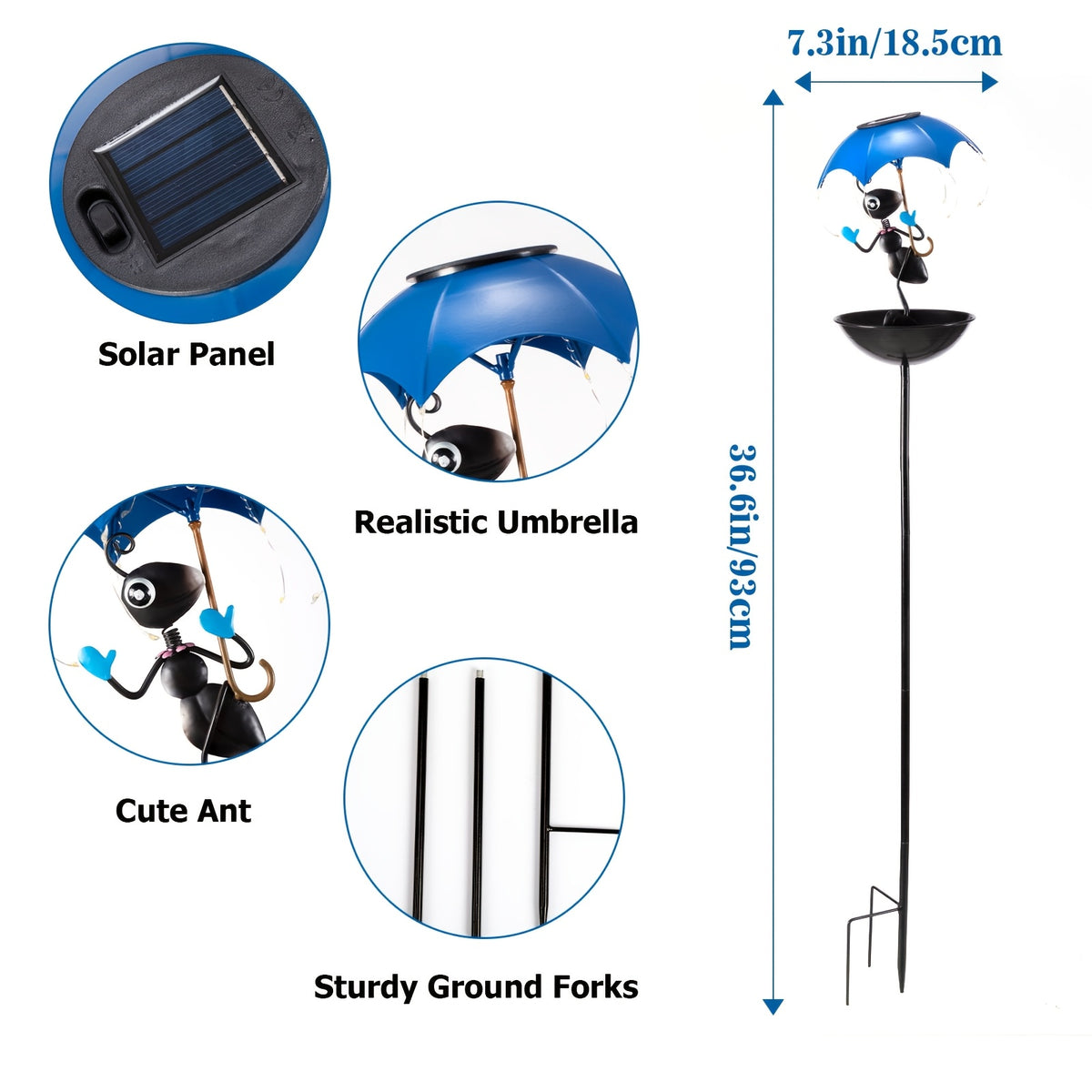 Solar Garden Decoration with Listed LED Light String and Bird Feeder Wording, Single Black Ant Option Label for Outdoor Lawn, Terrace and Pathside Displays