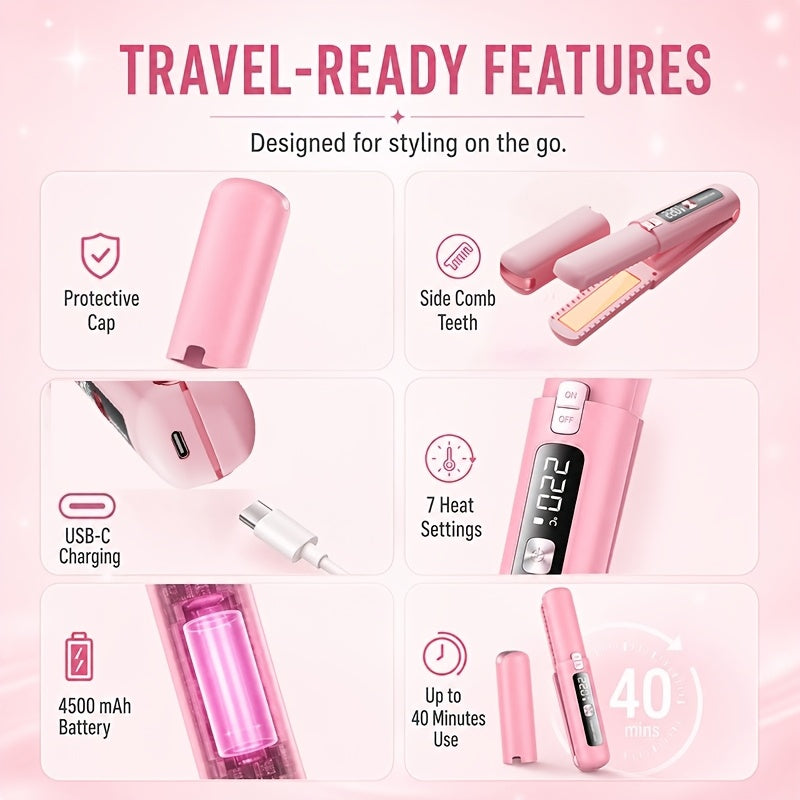 Cordless Hair Straightener and Curler in Gray, Listed Mini 2-in-1 USB-Rechargeable Flat Iron Design for Portable Styling and Travel Preparation