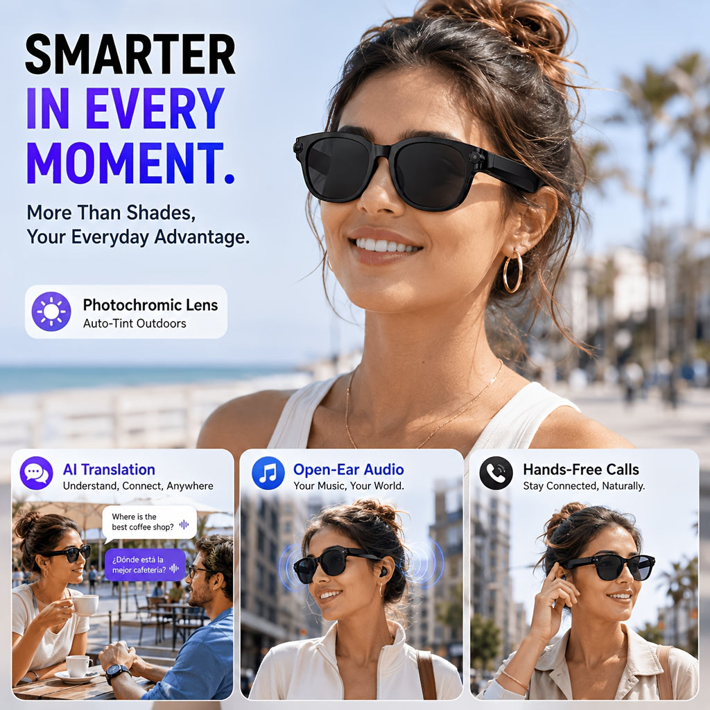 Replaceable-Lens AI Smart Glasses with Listed 8MP Camera, Image Stabilization, Video and Audio Recording, Translation, Voice Control and Music Playback