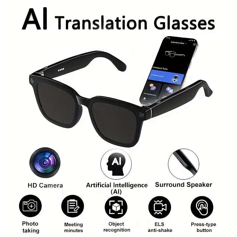 AI Camera Glasses in Black with Photochromic Lens Option, Listed 8MP Camera, 320mAh Battery, Touch-Control Audio, Calls and Translation for Travel and Work