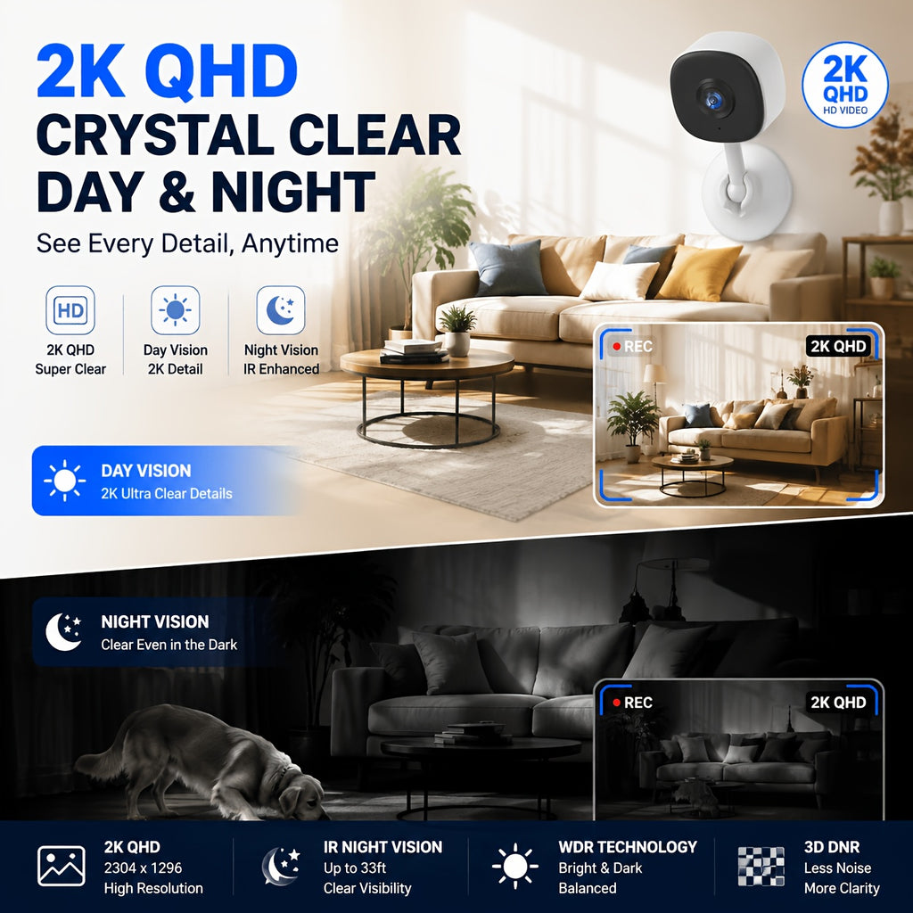 Magnetic Mount Indoor Security Camera 2K with Dual-Band WiFi, Night Vision, Two-Way Audio and AI Detection Alerts, USB-Powered Home Monitoring Camera