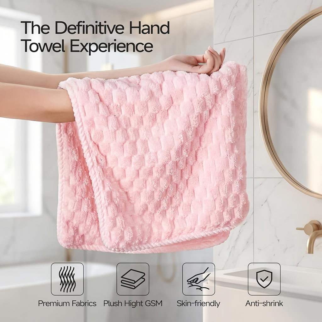 Coral Fleece Bath Towel Set with Hair Drying Cap, Five-Piece Bundle Featuring Four 27 x 55 Inch Plush Towels and Listed Hanging Loops for Home Shower Routines