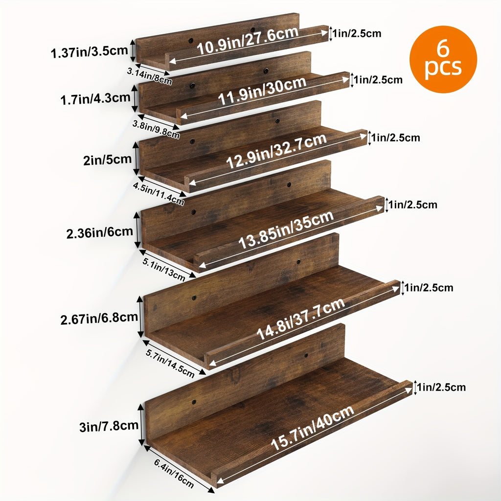 Six-Size Floating Wall Shelf Set with White, Brown or Black Options, Six Listed Wall-Mounted Shelves for Bedroom Organization and Decorative Home Displays