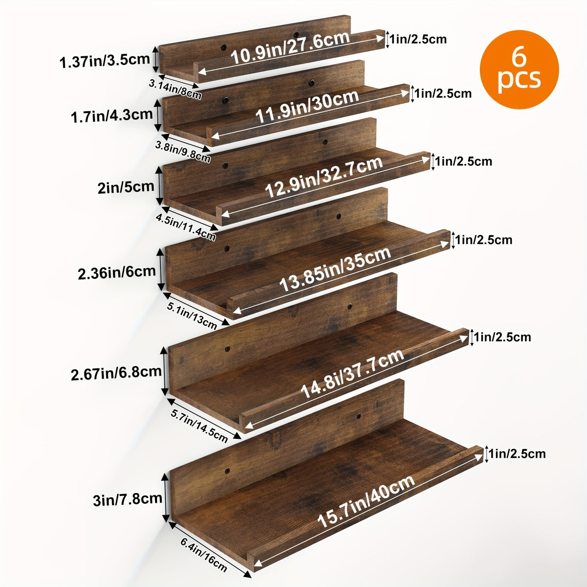 Six-Size Floating Wall Shelf Set with White, Brown or Black Options, Six Listed Wall-Mounted Shelves for Bedroom Organization and Decorative Home Displays