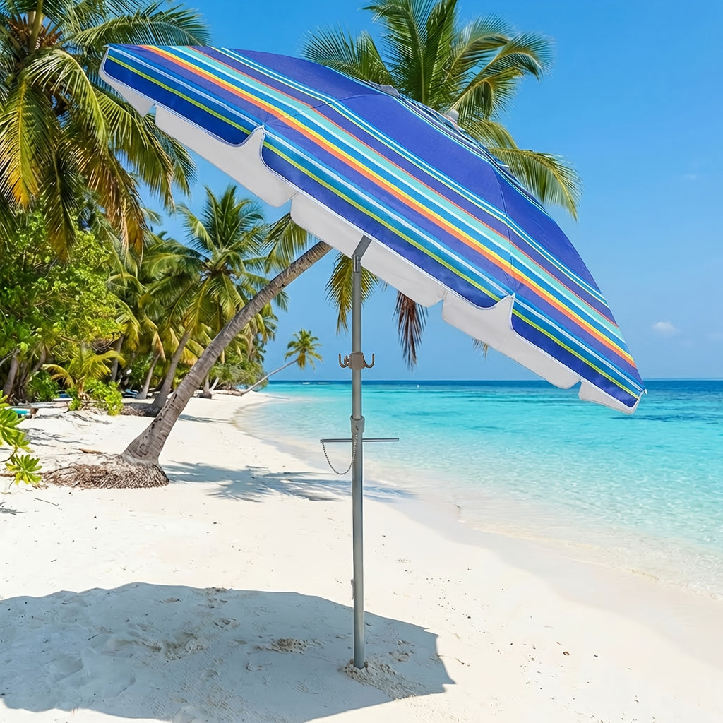 7ft Beach Umbrella with Sand Anchor and Tilt Adjustment, Vented Oxford Cloth Canopy with Fiberglass Ribs in Solid Blue, Baby Blue Stripes or Dark Blue Stripes