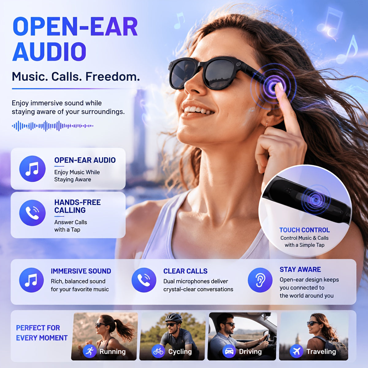 Replaceable-Lens AI Smart Glasses with Listed 8MP Camera, Image Stabilization, Video and Audio Recording, Translation, Voice Control and Music Playback