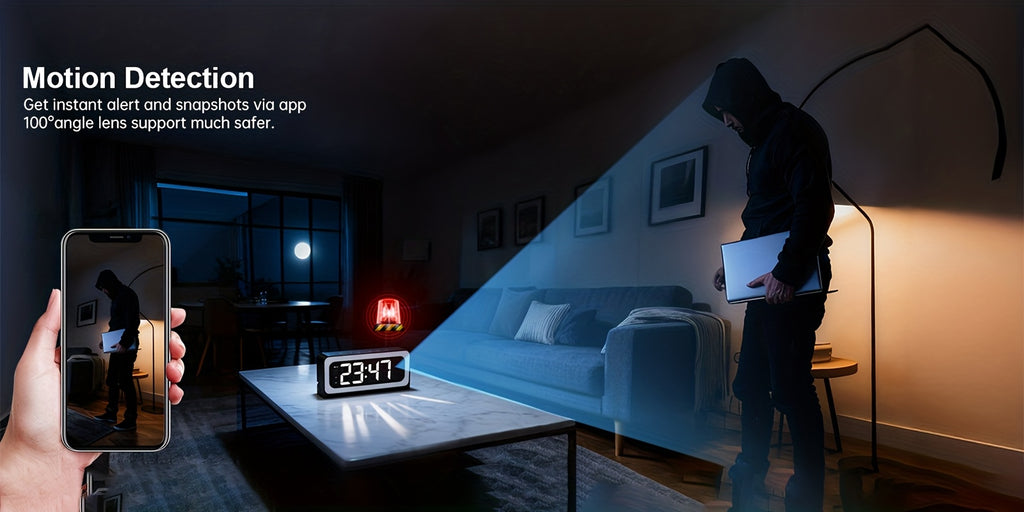 Alarm Clock Security Camera with 2K Video, Dual-Band 2.4GHz and 5GHz WiFi, Color Night Vision, Motion Detection and Two-Way Talk, Battery or USB Power
