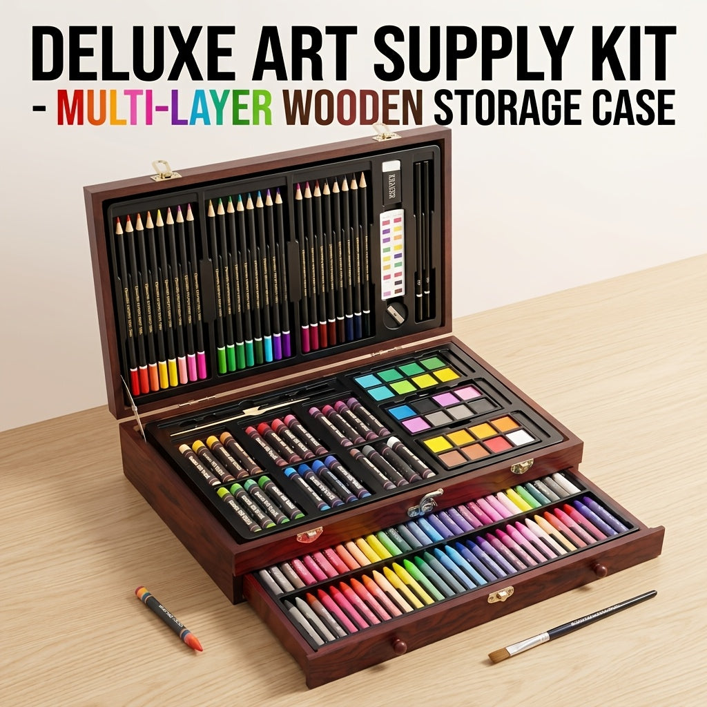 Wooden Case Art Set, 145-Piece Three-Layer Selection with Crayon, Oil Pastel, Watercolor Cake and Colored Pencil References for Drawing and Painting