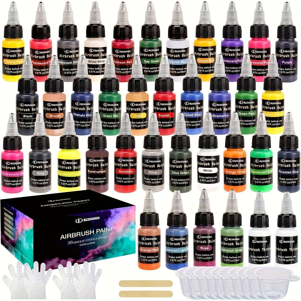 Airbrush Paint Set with Thinner, Water-Based Acrylic in 15, 26 or 36 Color Options with Listed 20ml Bottles for Compatible DIY Art and Hobby Projects