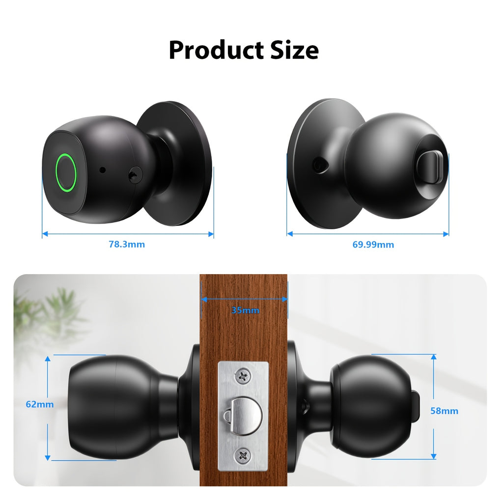 Biometric Smart Door Knob Lock in Black with Fingerprint Entry, App-Controlled Wireless Connection and Physical Key Access for Compatible Bedroom, Home and Office Doors