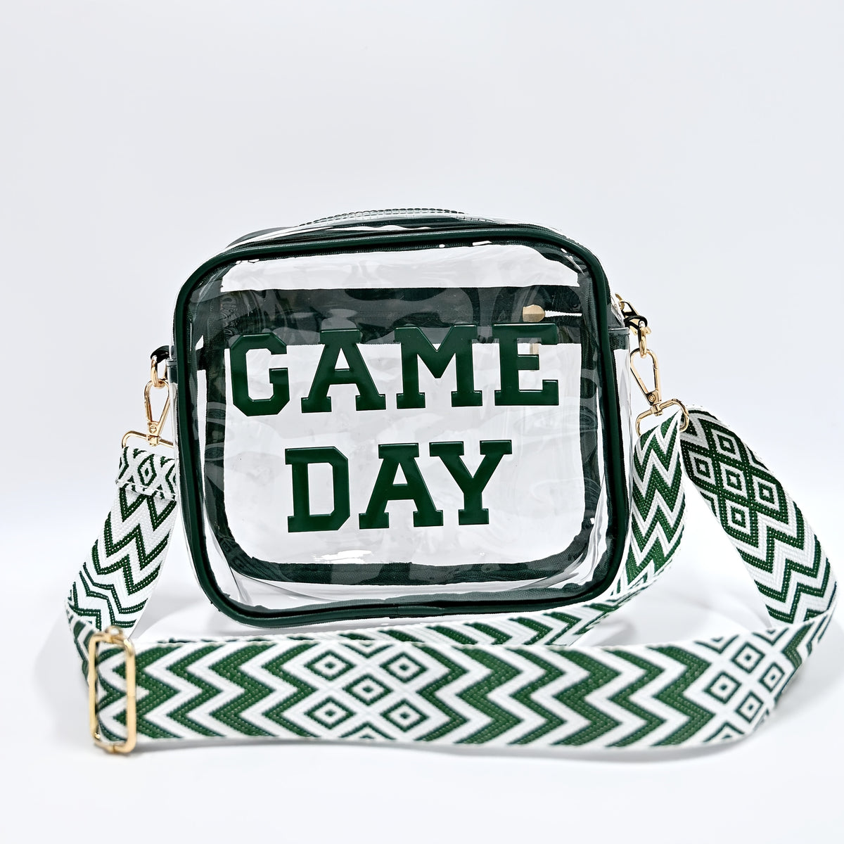Game Day Clear Purse with Listed Letter Patches and Crossbody Carry Style, Green, Blue, Black, Red or Orange Options for Football Outfits and Concert Plans