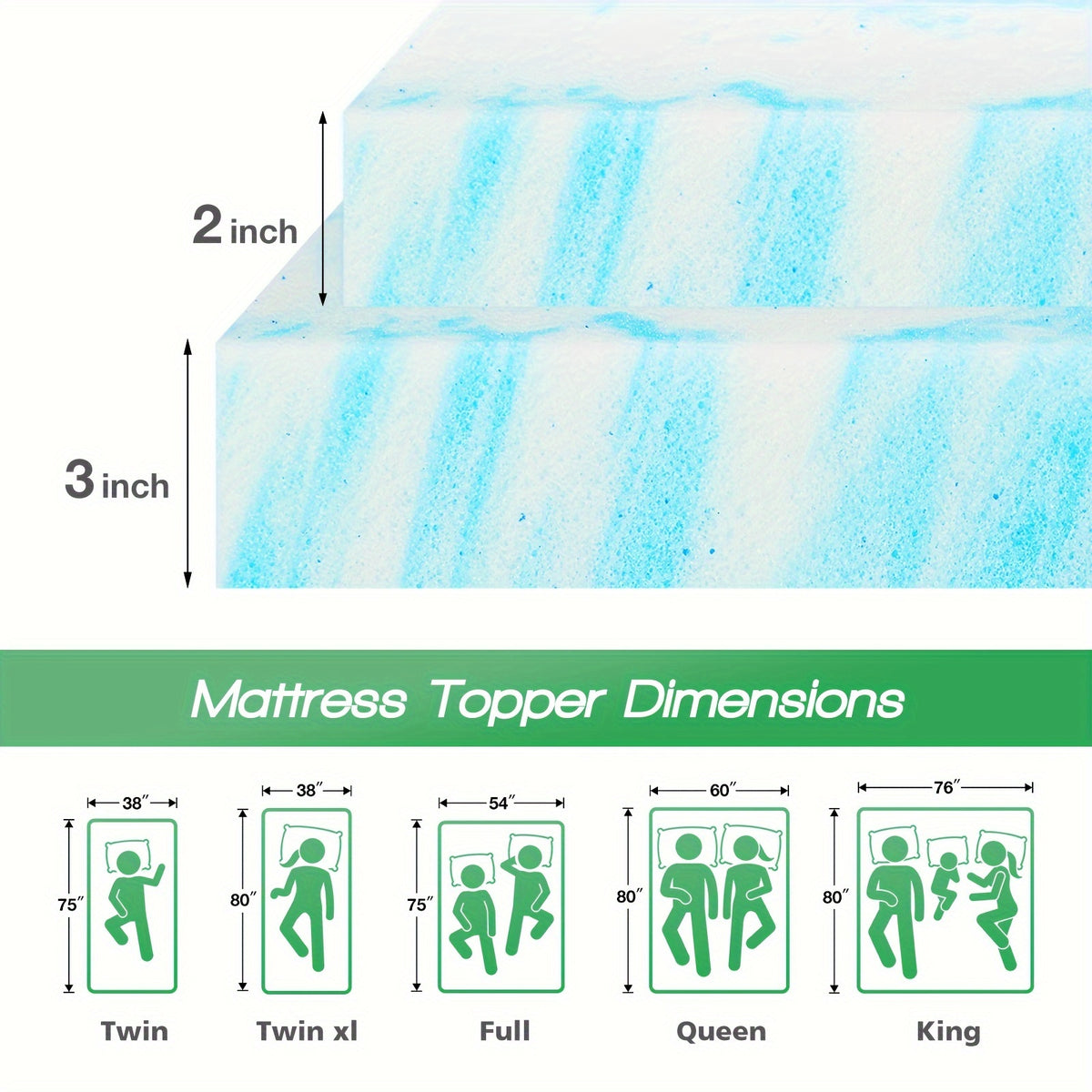 Gel Memory Foam Mattress Topper in Blue with 2-Inch or 3-Inch Thickness Options, Soft Bedding Layer for Compatible Beds, Sleeper Sofas and RV Mattresses