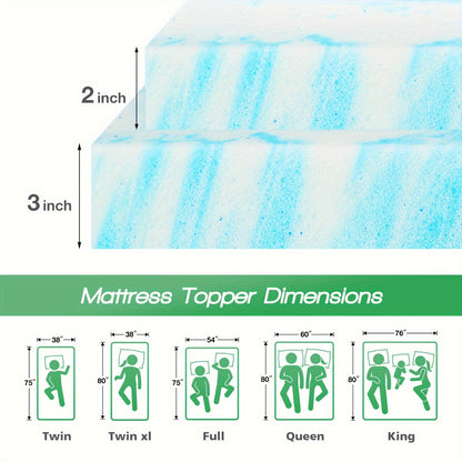 Gel Memory Foam Mattress Topper in Blue with 2-Inch or 3-Inch Thickness Options, Soft Bedding Layer for Compatible Beds, Sleeper Sofas and RV Mattresses