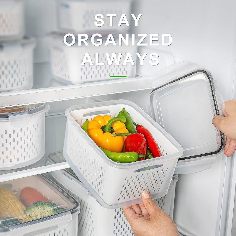 Fruit Storage Boxes with Removable Colanders, M+L Refrigerator Organizer Set in PP Plastic with Two Boxes and Two Drain Baskets, Four Pieces Total