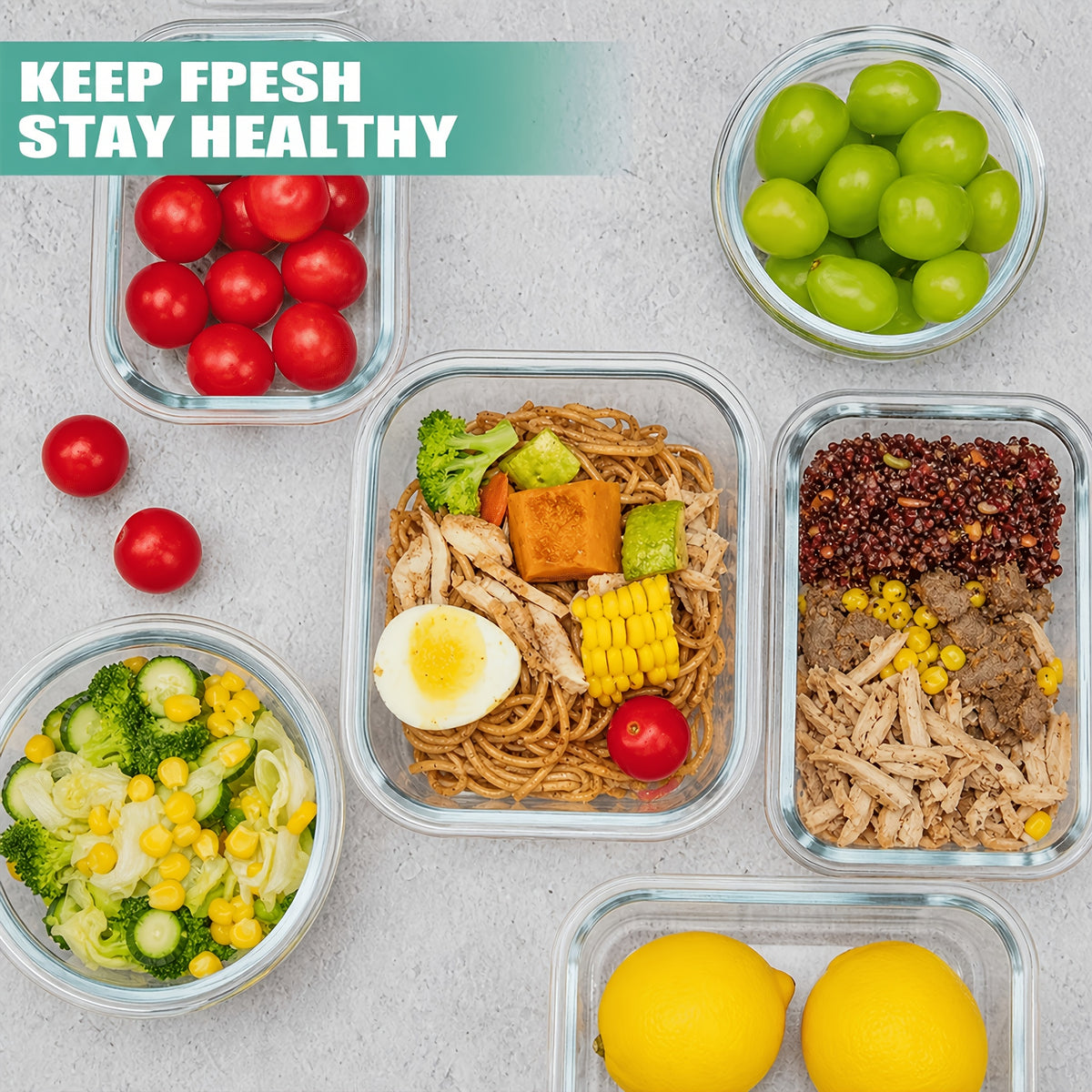 Glass Food Storage Container Set with 8 or 10 Containers and Matching Lids, Blue, Pink or Green Options for Lunch Portions and Refrigerator Organization