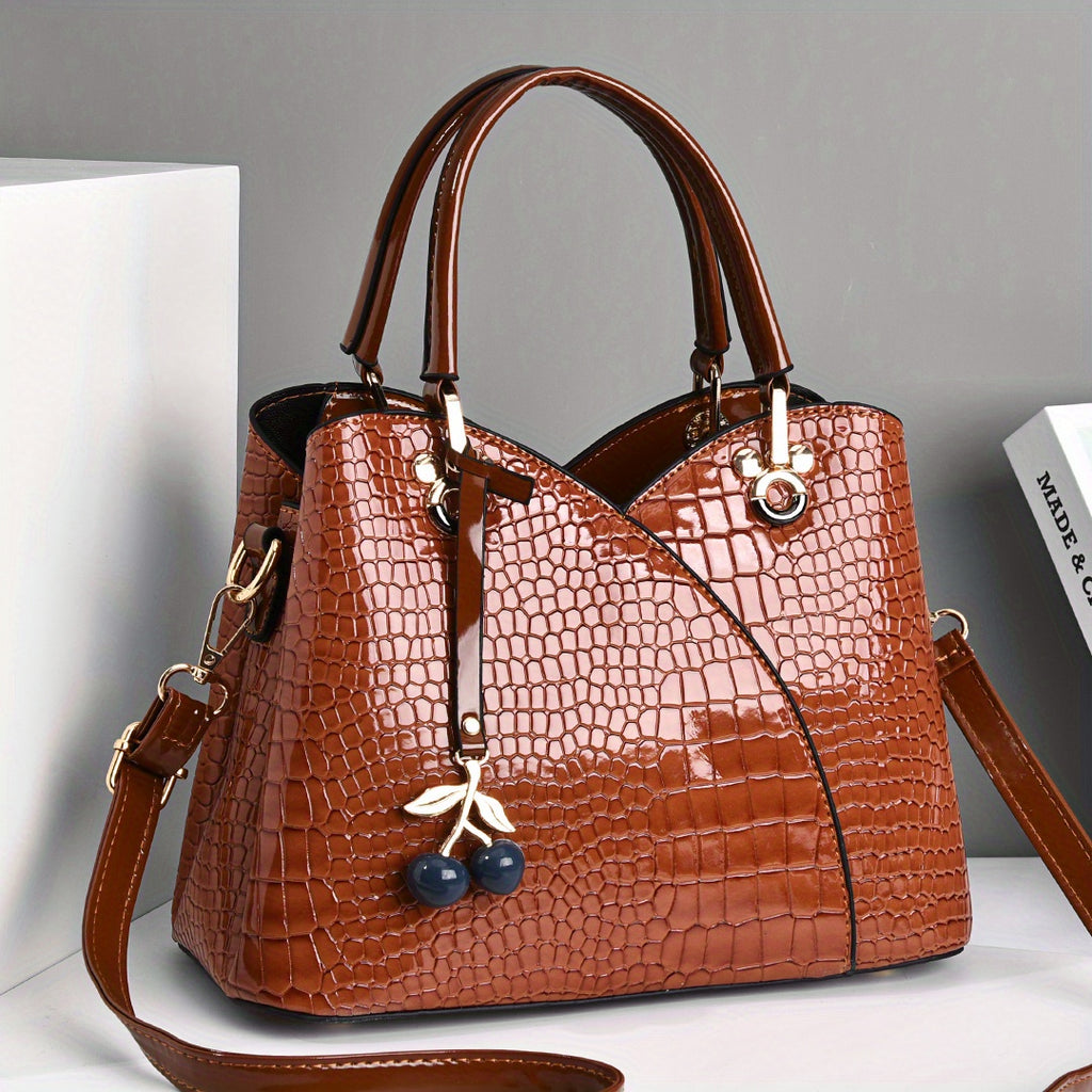 Faux Crocodile Texture Handbag, Women's Burgundy or White Fashion Bag with Cherry Pendant, Zipper Closure and Polyester Lining for Shoulder and Crossbody Styling