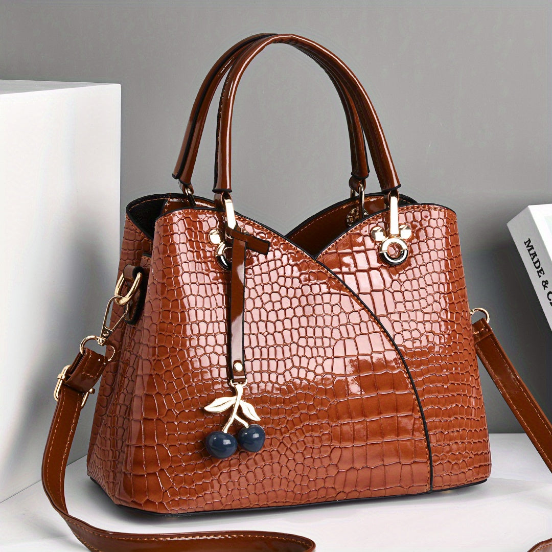 Faux Crocodile Texture Handbag, Women's Burgundy or White Fashion Bag with Cherry Pendant, Zipper Closure and Polyester Lining for Shoulder and Crossbody Styling
