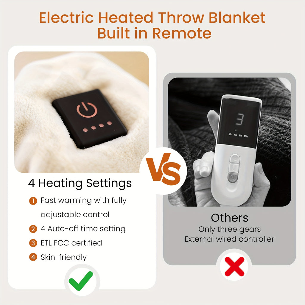 Button-Control Heated Blanket with Double-Sided Flannel, Listed 4 Heat Levels and 4-Hour Auto-Off, Electric Throw and Larger Size Options for Indoor Comfort