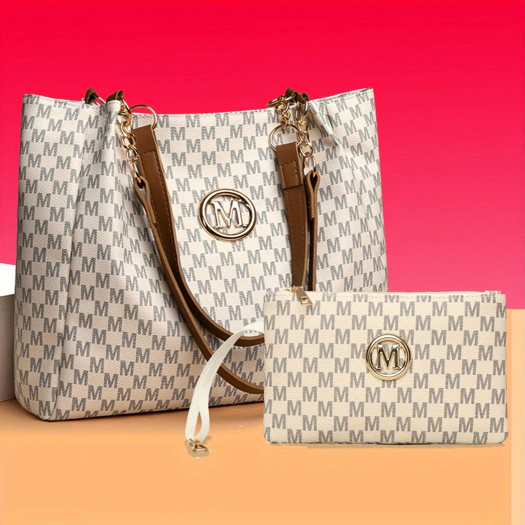 Lotus Print Shoulder Bag Set for Women with M Letter Pattern and M-Shaped Hardware, Listed Two-Piece Fashion Set with Fixed Shoulder Strap in Brown, Black or Beige