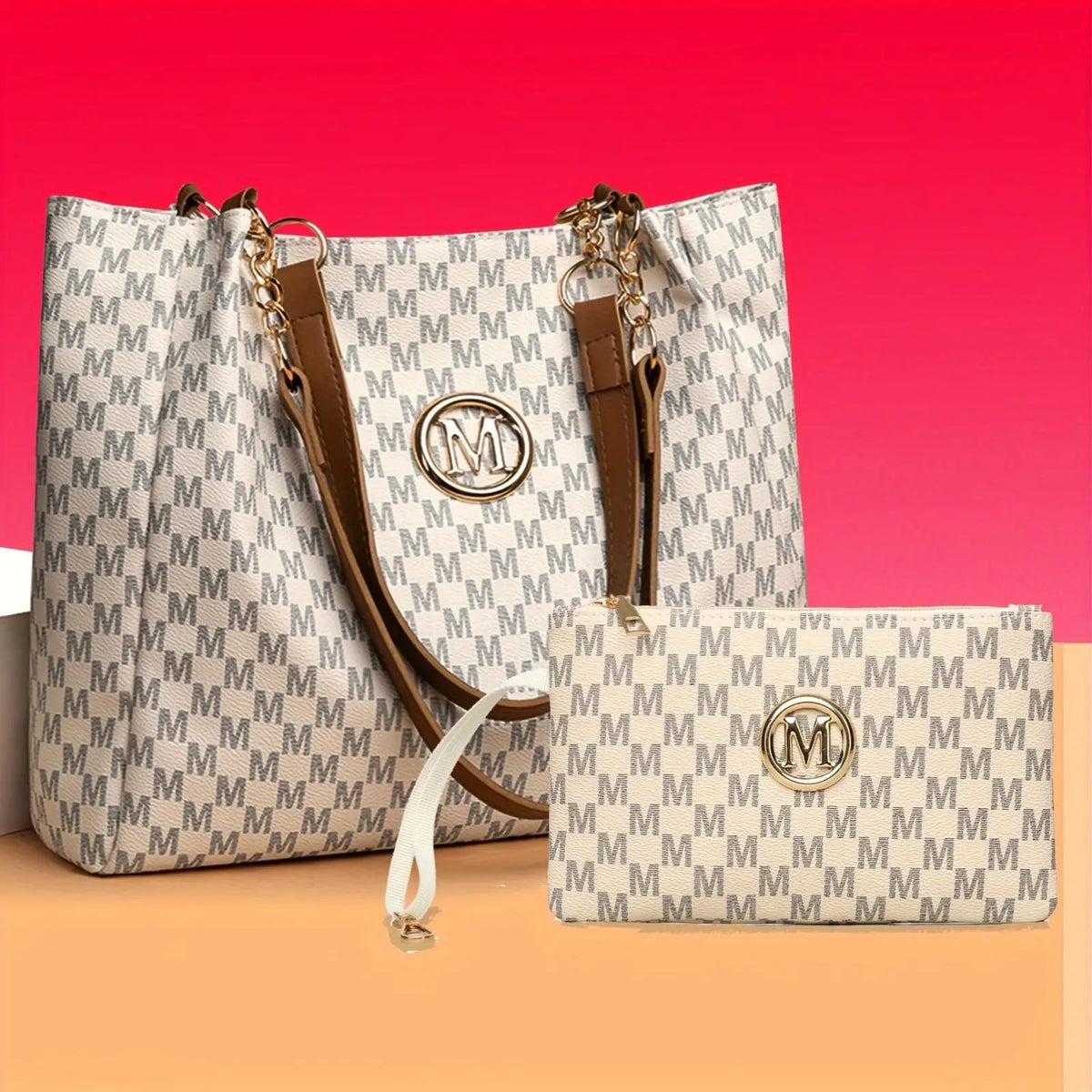 Lotus Print Shoulder Bag Set for Women with M Letter Pattern and M-Shaped Hardware, Listed Two-Piece Fashion Set with Fixed Shoulder Strap in Brown, Black or Beige