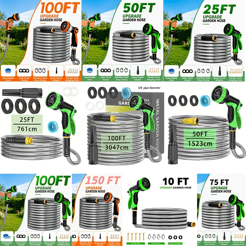 Flexible Garden Watering Hose with 25ft to 150ft Length Labels, Orange or Black Green and Selected Nozzle or Accessory Options for Lawn Care and Car Rinsing