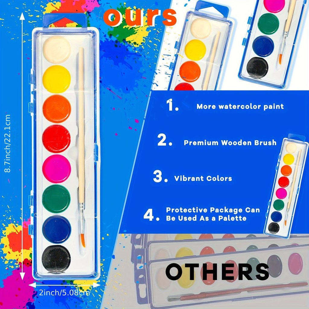 Bulk Watercolor Paint Set with Eight Listed Colors and Paintbrushes, 24pcs, 36pcs or 48pcs Options for Group Art Lessons, Painting Parties and Creative Favors