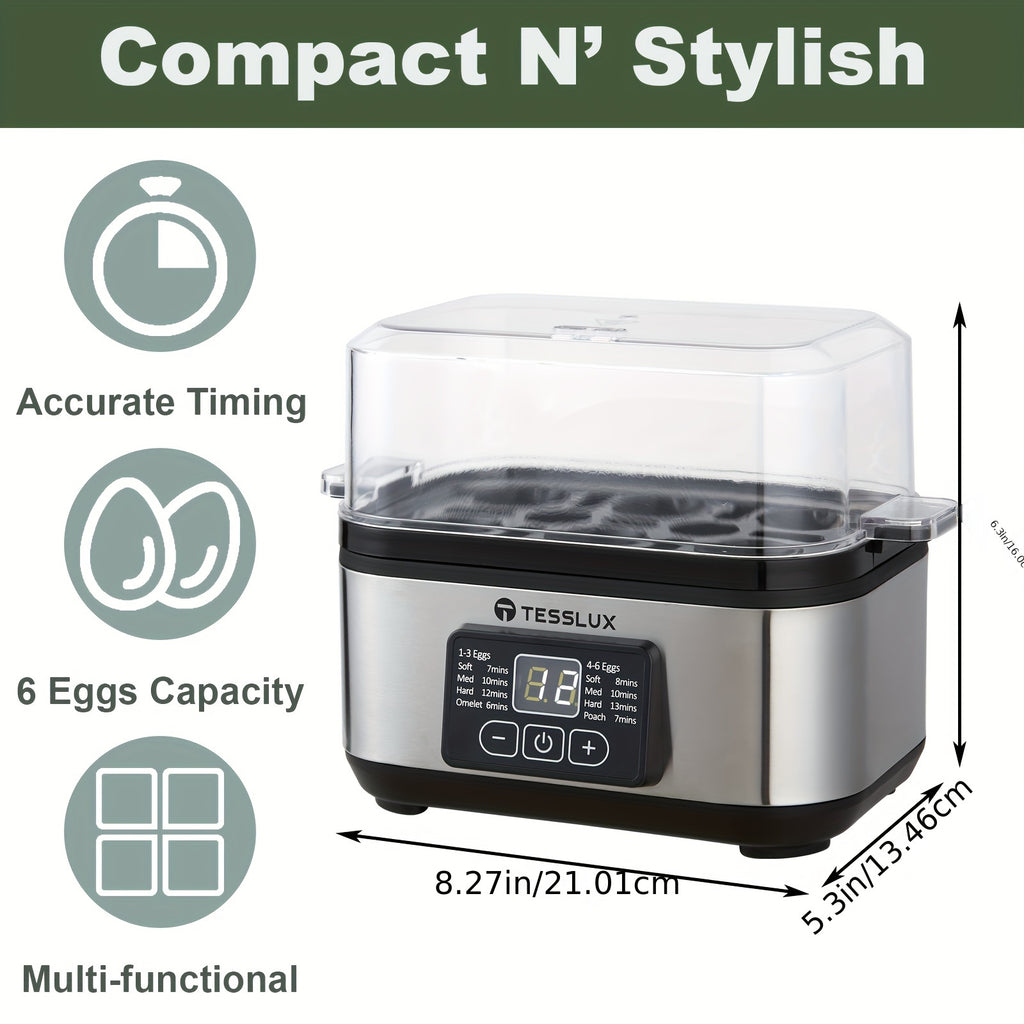 Electric Rapid Egg Cooker by TESSLUX, 6-Egg Capacity with Auto Shut-Off for Hard-Boiled Eggs, Poached Eggs, Scrambled Eggs and Omelets