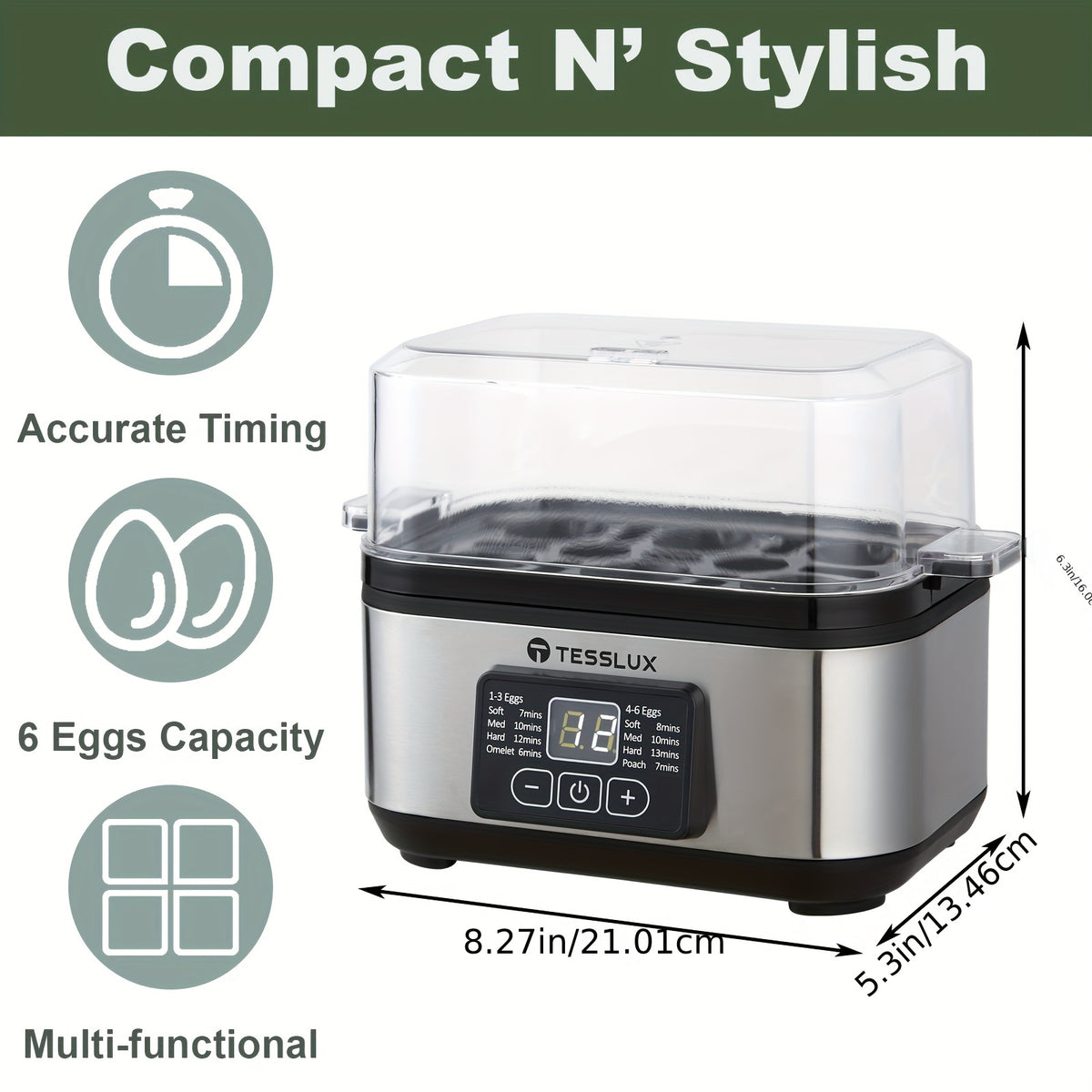 Electric Rapid Egg Cooker by TESSLUX, 6-Egg Capacity with Auto Shut-Off for Hard-Boiled Eggs, Poached Eggs, Scrambled Eggs and Omelets
