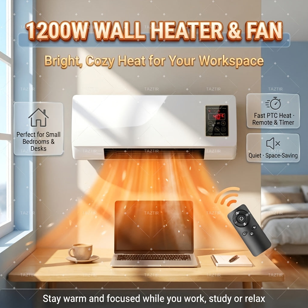 1200W Wall-Mounted Ceramic Heater in White, PTC Heating Design with Remote Control and Timer, Listed Dual-Mode Model for Space-Conscious Home Installation