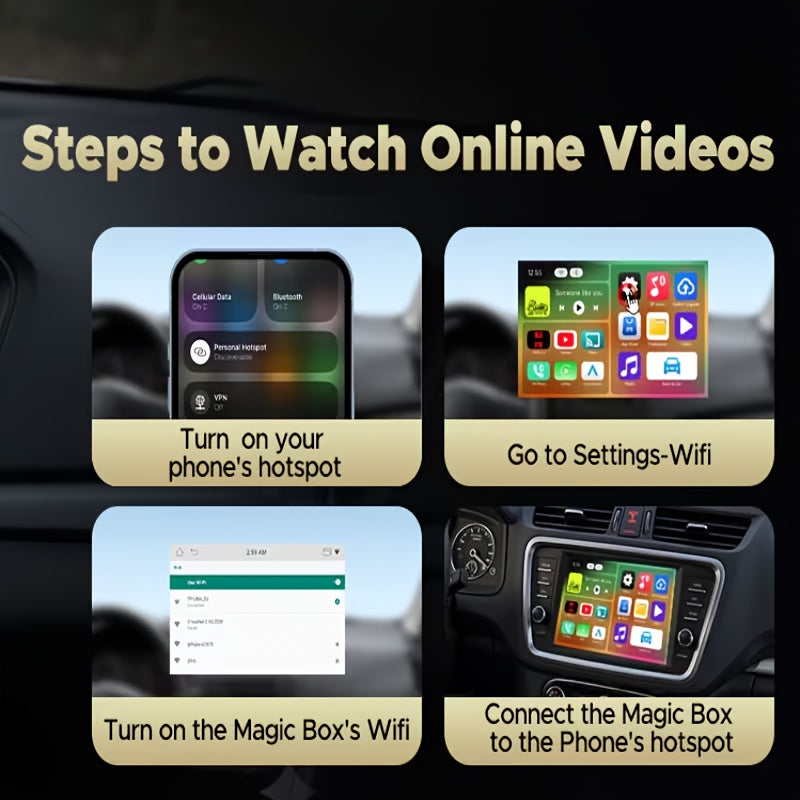 CarPlay Media Box in Black with Listed Wireless CarPlay Adapter, USB Port and Streaming Support for Compatible Factory Wired CarPlay and Android Auto Systems