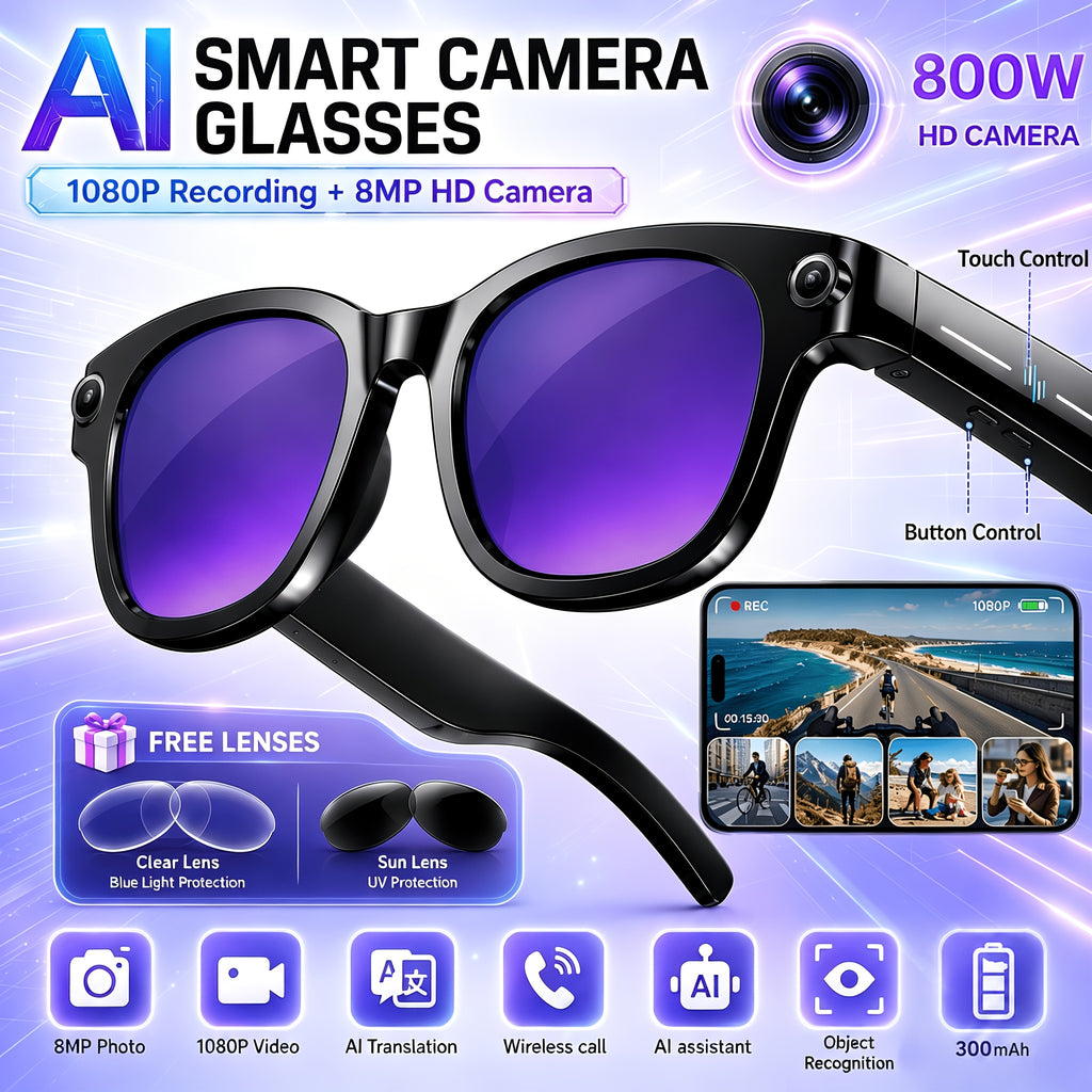 Replaceable-Lens AI Smart Glasses with Listed 8MP Camera, Image Stabilization, Video and Audio Recording, Translation, Voice Control and Music Playback