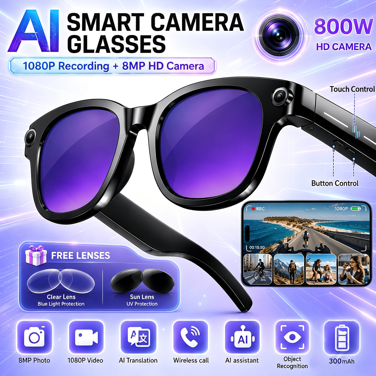 Replaceable-Lens AI Smart Glasses with Listed 8MP Camera, Image Stabilization, Video and Audio Recording, Translation, Voice Control and Music Playback