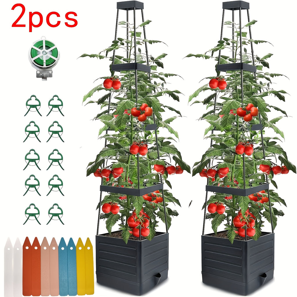 Tomato Planter with Trellis in One- or Two-Piece Options with Listed 57-Inch Size and Self-Watering Design for Climbing Vegetables, Patio and Greenhouse Gardening