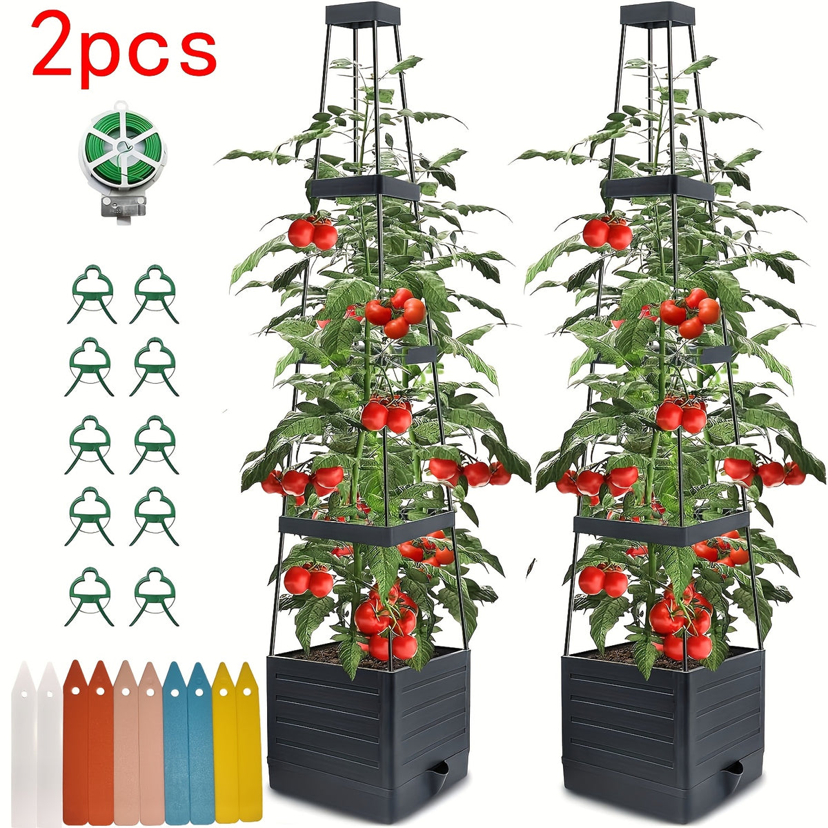 Tomato Planter with Trellis in One- or Two-Piece Options with Listed 57-Inch Size and Self-Watering Design for Climbing Vegetables, Patio and Greenhouse Gardening