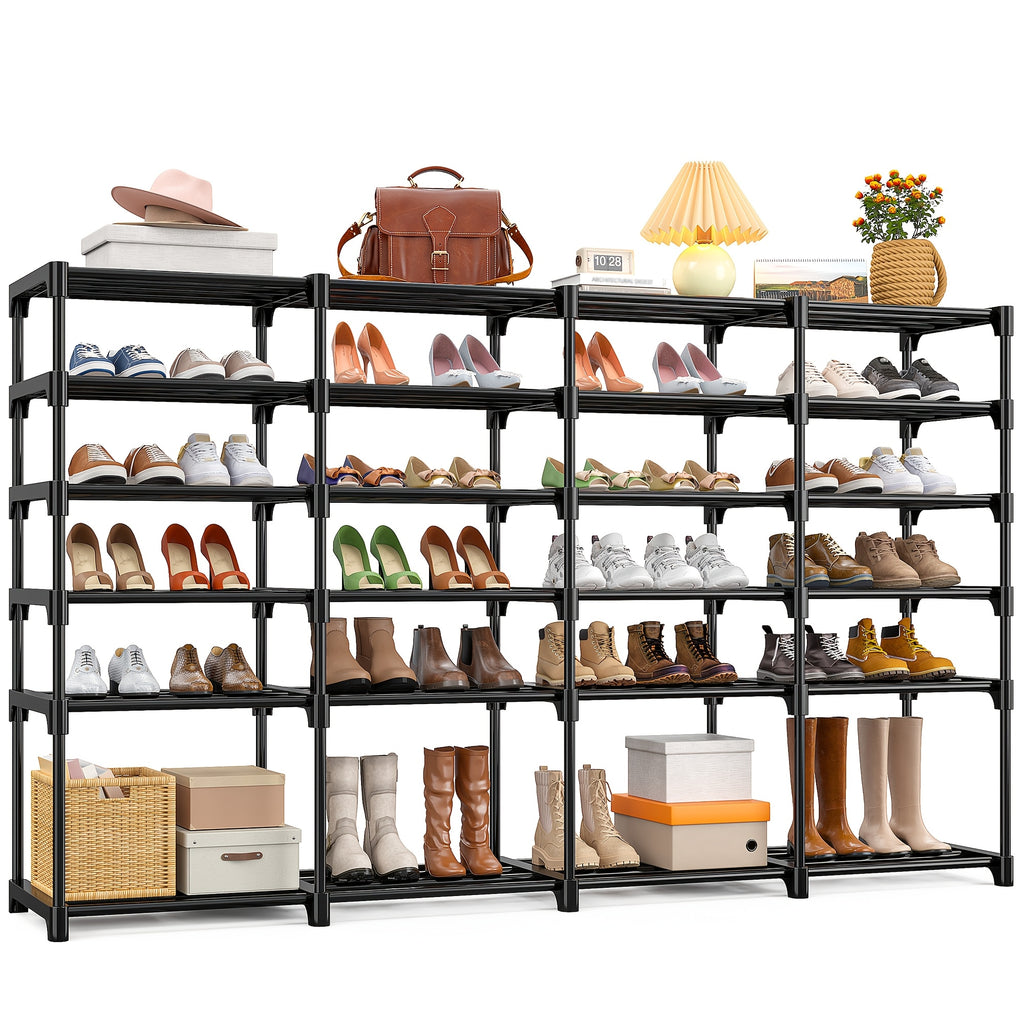 Four-Column Shoe Rack in Black with Six- or Nine-Tier Model Options, Listed Metal Construction and Customizable Layout for Entryway, Bedroom and Closet Footwear Storage