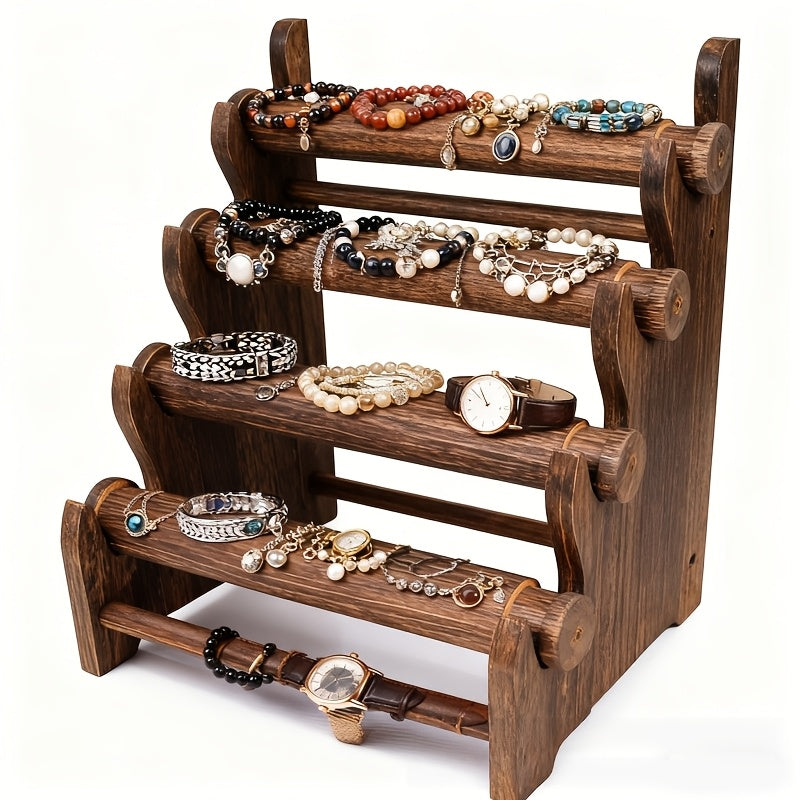 Wooden Bracelet Organizer, 4-Tier Vintage Jewelry Display Rack for Necklaces, Watches and Hair Ties, Desktop Storage for Dresser & Vanity