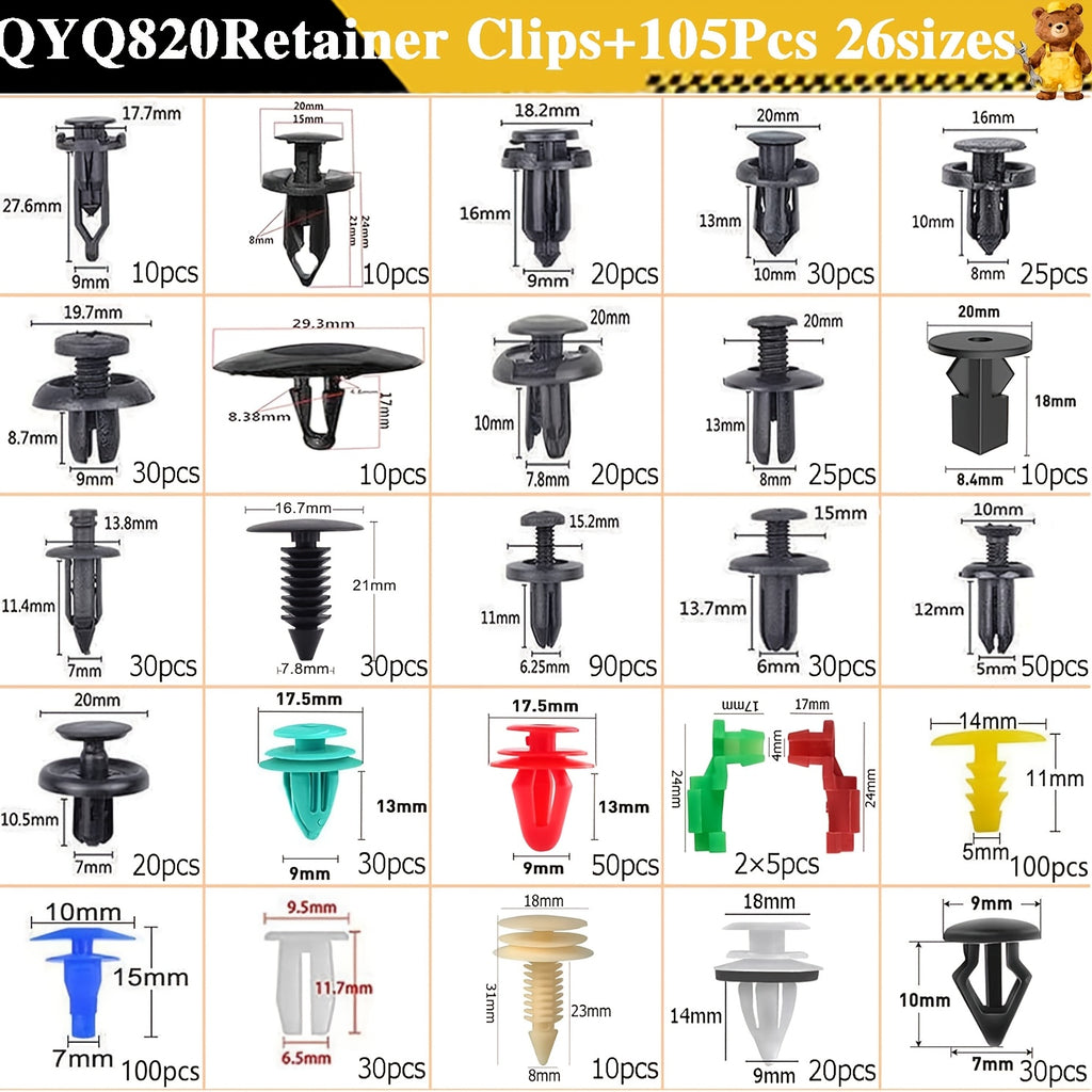 Bumper Retainer Clips and Plastic Push Rivet Fasteners for Compatible Car Applications, Seven Quantity Options with Removal Tool References