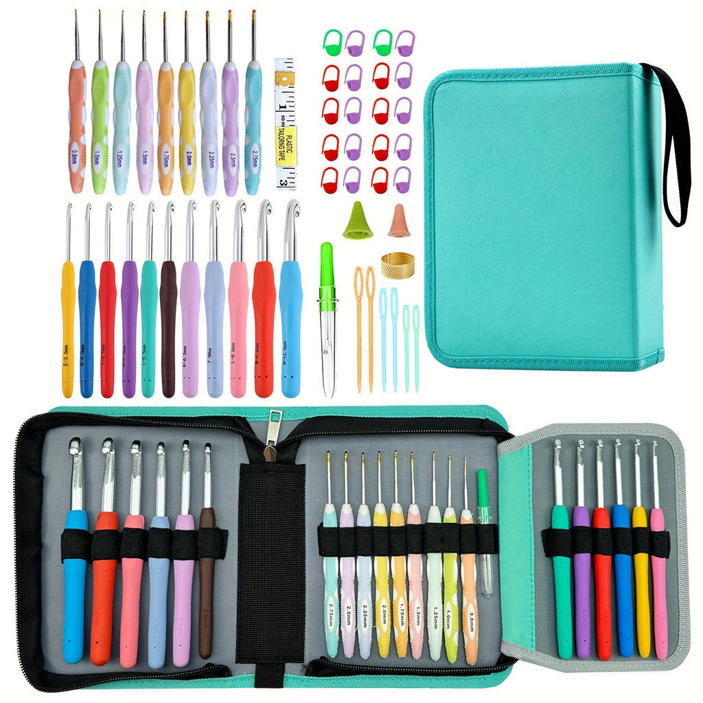 Crochet Hook Set with 21 Listed Sizes from 0.8mm to 10mm, Mixed-Color Single-Pointed Hooks and Protective Case in Grey or Lake Blue Options for Yarn Crafts