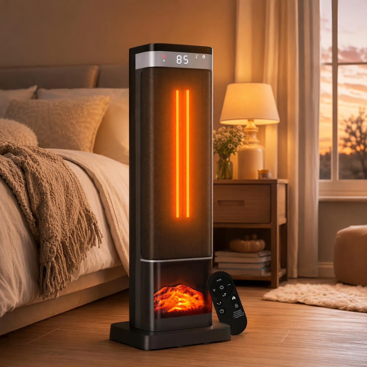 Tower Ceramic Space Heater with Listed 1500W Power, Remote Control, Thermostat, Four Modes and 12-Hour Timer in Round or Square Styles for Supplemental Indoor Warmth