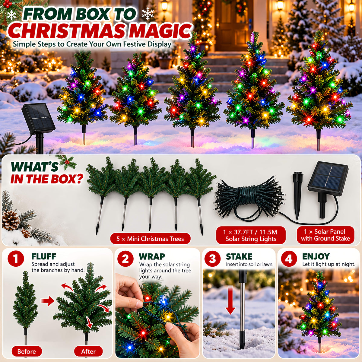 Solar Christmas Tree Stake Lights with DIY Branch Shaping and Separate Multicolor String, LDSDS-LD-5 or LDSDS-LD-10 Model Options for Garden Holiday Displays