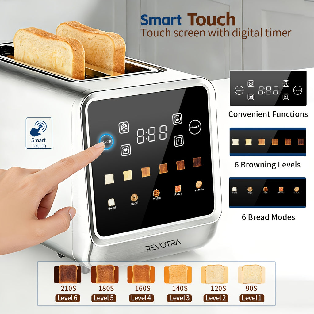 Touchscreen Four-Slice Long Slot Toaster with Listed 1.5-Inch Wide Slots, Six Shade Settings, Countdown Display, Memory and Dual Independent Controls, Stainless Steel