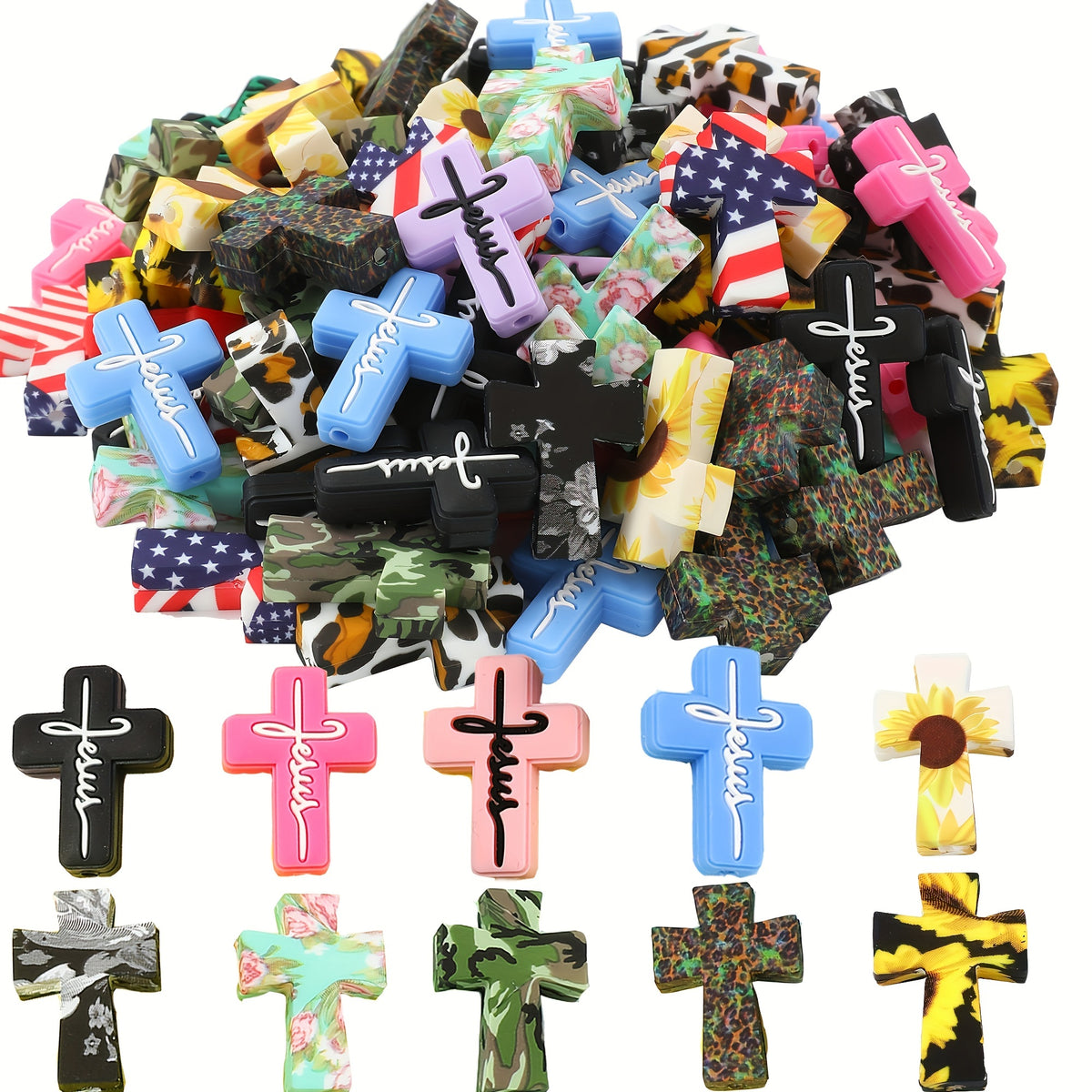 Cross Silicone Focal Beads in Random Multicolors for DIY Jewelry Making, Beadable Pen Decoration, Keychains, Bag Charms, Bracelets and Necklaces