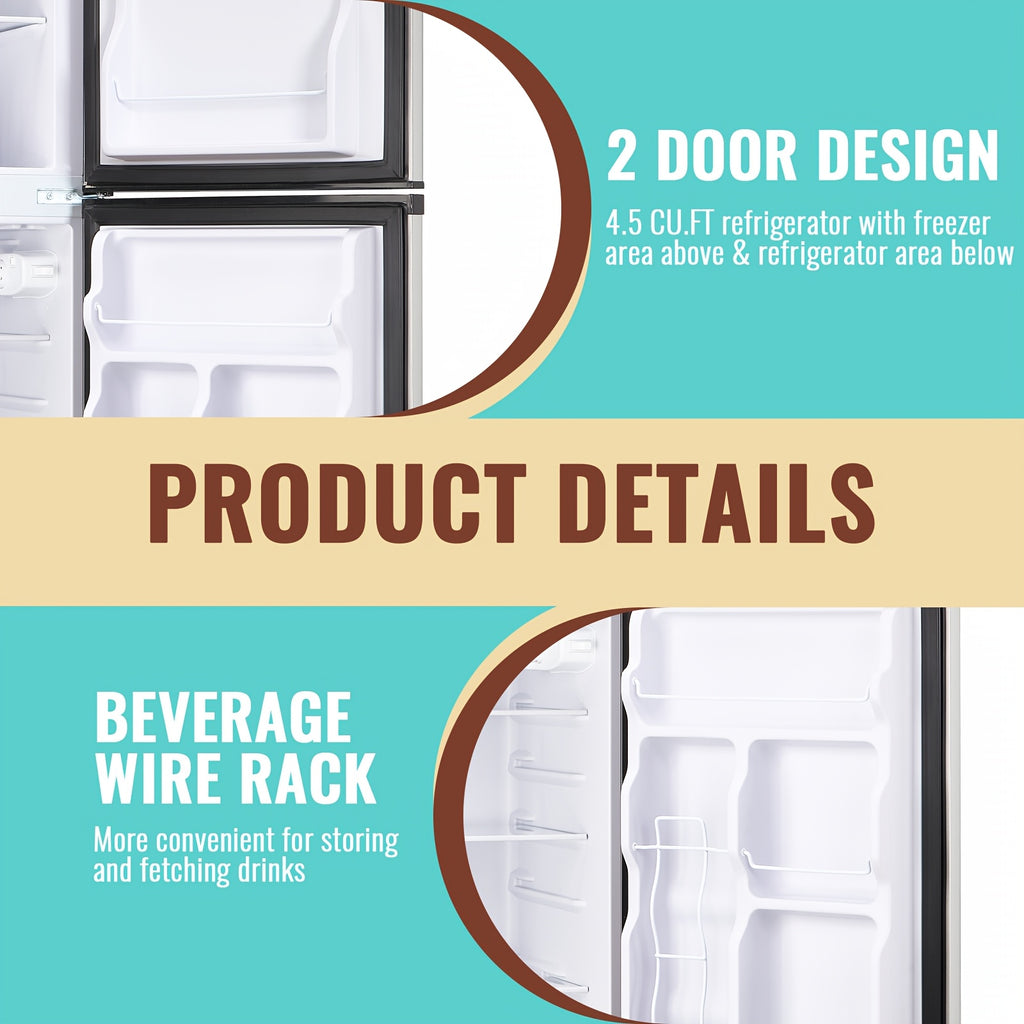 Compact Fridge Freezer by WANAI, Double-Door 3.5 or 4.5 Cu Ft Options with Seven-Level Thermostat, Removable Shelves and Listed LED Light for Apartment and Office