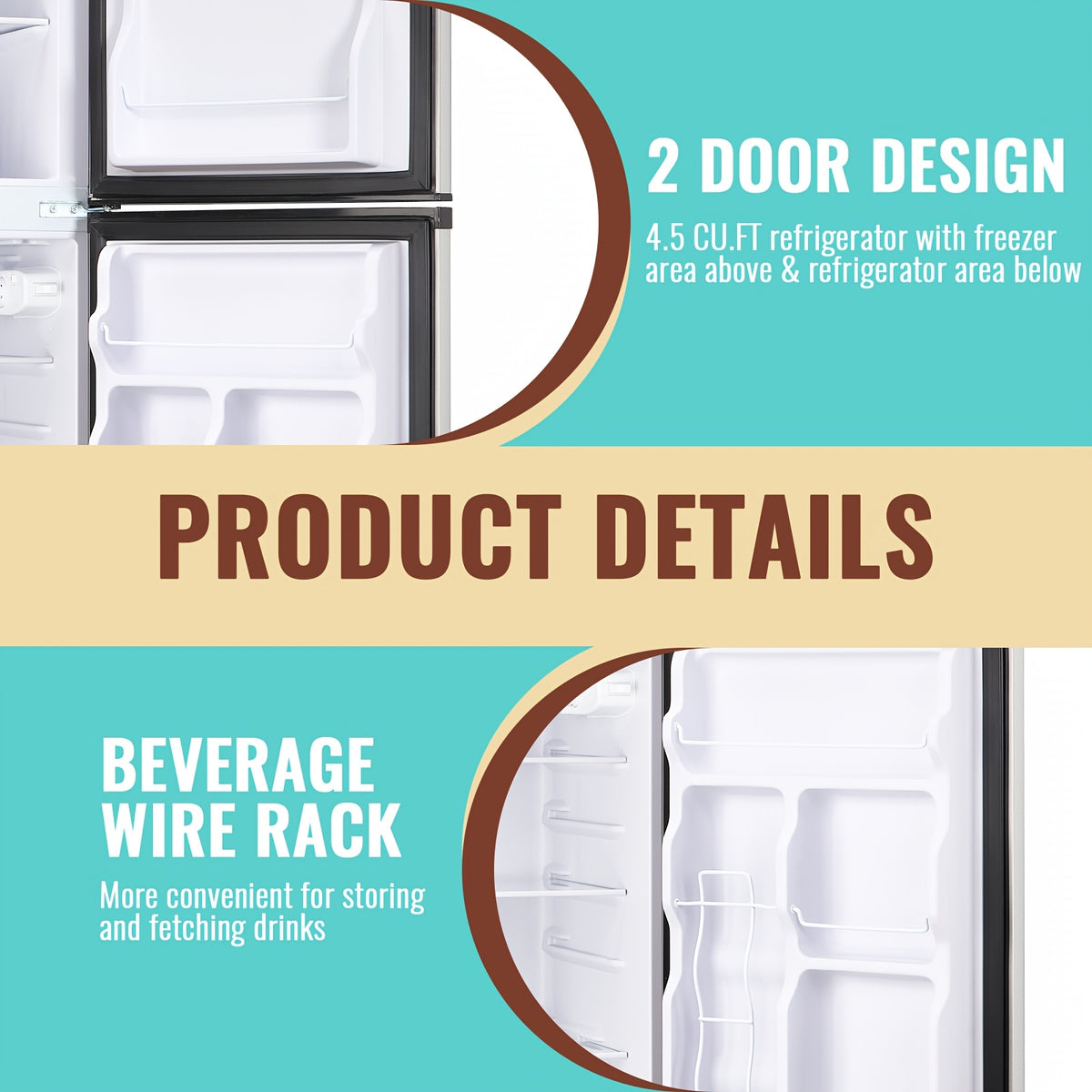 Compact Fridge Freezer by WANAI, Double-Door 3.5 or 4.5 Cu Ft Options with Seven-Level Thermostat, Removable Shelves and Listed LED Light for Apartment and Office