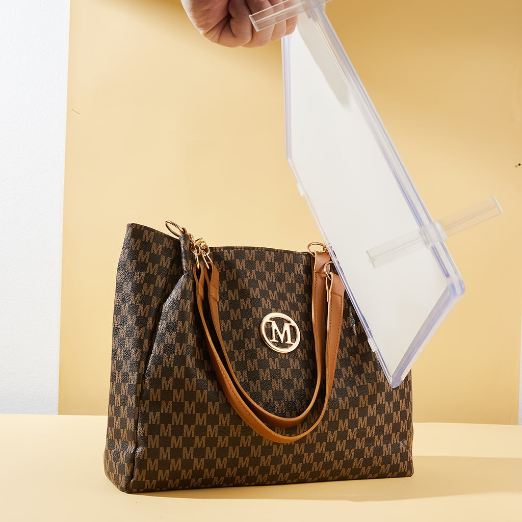 M-Print PU Tote Bag for Women in Black, Vintage-Inspired Shoulder Handbag with Zipper Closure and Hardware Accents for Shopping and Casual Travel