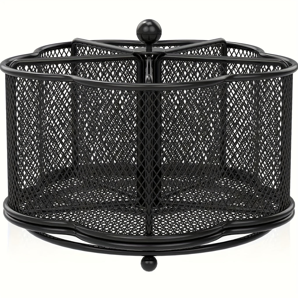 Rotating Metal Utensil Caddy, Five-Compartment Flower-Shaped Mesh Cutlery Organizer with 360-Degree Rotation and Weighted Base for Kitchen Counters and Buffets